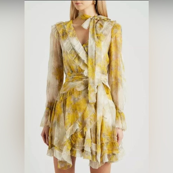 Zimmermann Botanica Long Sleeve Yellow Silk
Frill Wrap Mini Dress - Picture 3 of 11